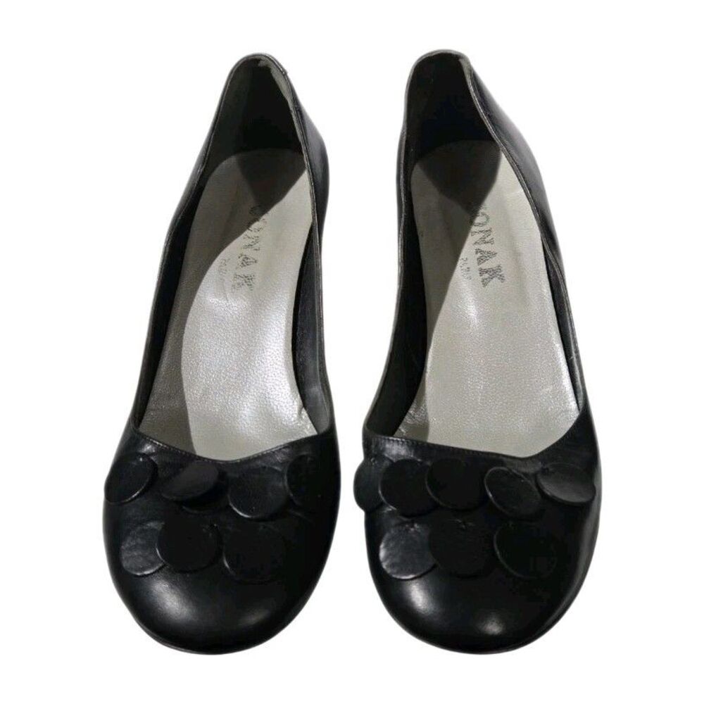 Vintage 2009 Jonak Paris Black Leather Low Heels Tiered Circle Toe Sz 9 EU 39